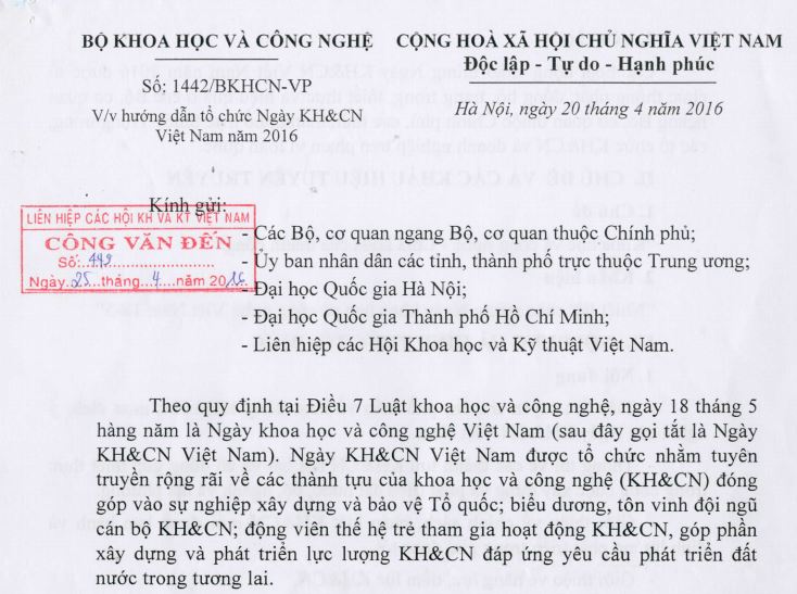 Quyết định về việc hướng dẫn tổ chức ngày KH & CN Việt Nam năm 2016