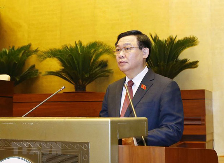 Chủ tịch Quốc hội khóa XIV Vương Đình Huệ phát biểu tại phiên khai mạc kỳ họp thứ nhất Quốc hội khóa XV. Ảnh: TTXVN