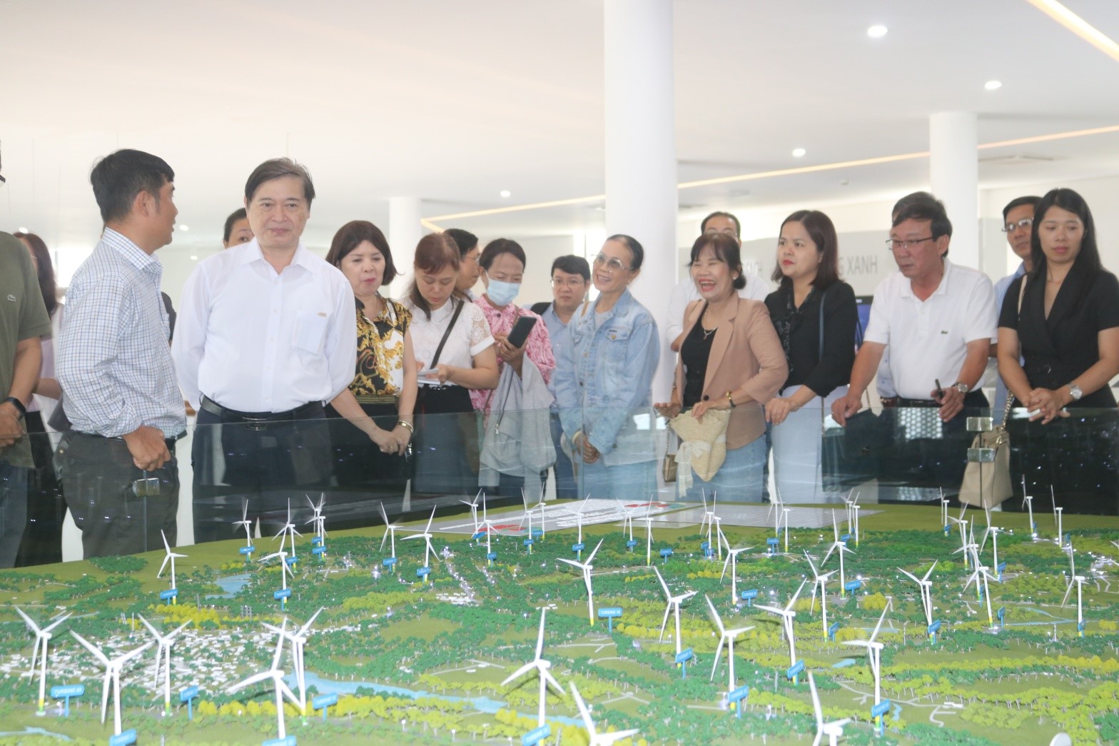 Ông Phan Xuân Dũng (thứ hai, bên trái sang), Chủ tịch Liên hiệp Hội Việt Nam, cùng đoàn đại biểu dự Hội thảo, tham quan mô hình điện gió của Công ty CP Đầu tư xây dựng Trung Nam (Ninh Thuận)