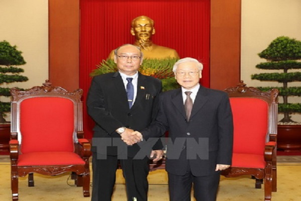 Tổng Bí thư Nguyễn Phú Trọng tiếp Chủ tịch Quốc hội nước Cộng hòa Liên bang Myanmar Mahn Win Khaing Than thăm chính thức Việt Nam - Ảnh: TTXVN
