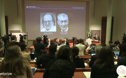 Chân dung 2 nhà khoa học Mỹ và Nhật Bản tại buổi họp báo công bố người đoạt giải Nobel Y học 2018. Ảnh: Nobel Prize