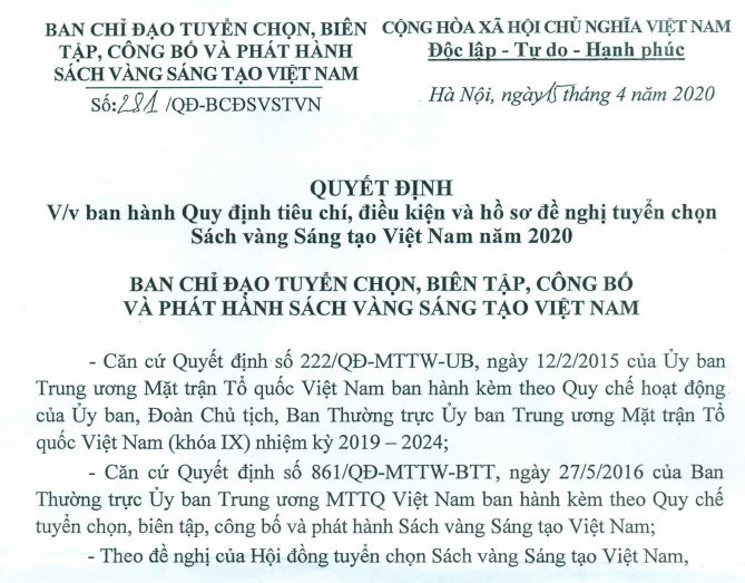 Quyết định về việc ban hành Quy định tiêu chí, điều kiện và hồ sơ đề nghị tuyển chọn Sách vàng Sáng tạo Việt Nam 2020