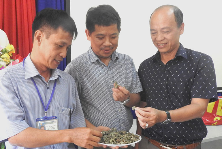 TS Lê Xuân Sơn (bìa trái) giới thiệu sỏi từ rác thải nhựa ứng dụng trong lĩnh vực xây dựng đến đại diện WWF. Ảnh: THÁI HÀ