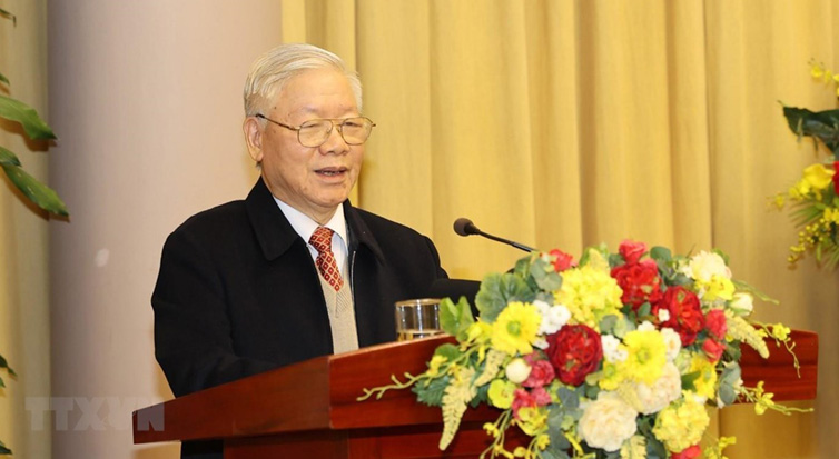 Tổng Bí thư, Chủ tịch nước Nguyễn Phú Trọng phát biểu tại Hội nghị triển khai nhiệm vụ năm 2021 của Văn phòng Chủ tịch nước. Ảnh: TTXVN