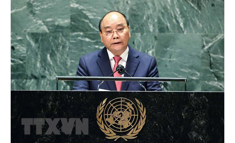 Chủ tịch nước Nguyễn Xuân Phúc phát biểu tại Phiên thảo luận Cấp cao Đại hội đồng Đại Hội đồng Liên Hợp Quốc lần thứ 76. Ảnh: TTXVN