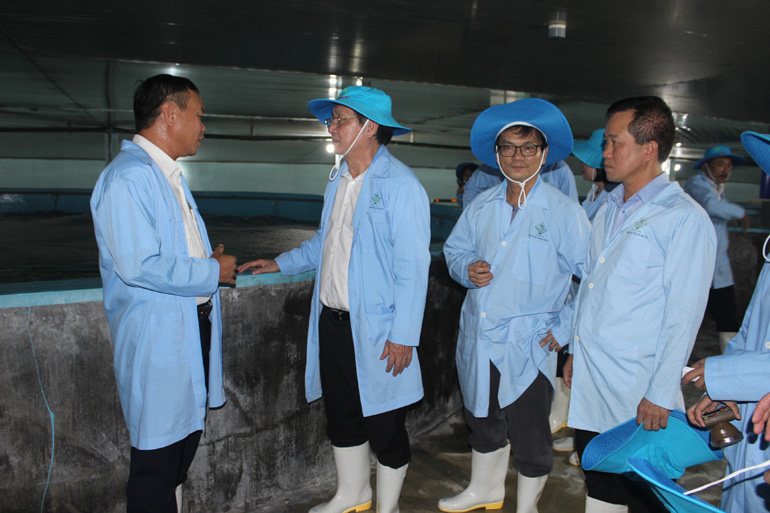 Bộ trưởng KH&CN Huỳnh Thành Đạt (thứ hai từ trái qua) thăm cơ sở nuôi tôm thẻ ở Công ty TNHH Thủy sản Đắc Lộc, là doanh nghiệp KH-CN đạt năng suất, chất lượng. Ảnh: LỆ VĂN