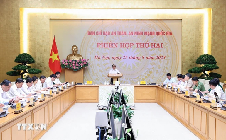 Chiều 25/8/2023, tại Hà Nội, Thủ tướng Phạm Minh Chính, Trưởng Ban Chỉ đạo An toàn, An ninh mạng quốc gia chủ trì Phiên họp Ban Chỉ đạo lần thứ hai. Ảnh: TTXVN