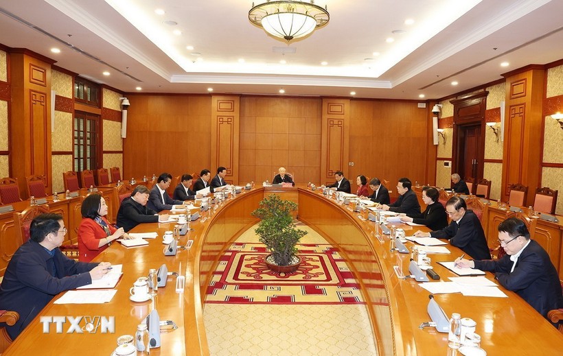 Tổng Bí thư Nguyễn Phú Trọng chủ trì phiên họp đầu tiên Tiểu ban Nhân sự Đại hội XIV của Đảng. Ảnh: TTXVN