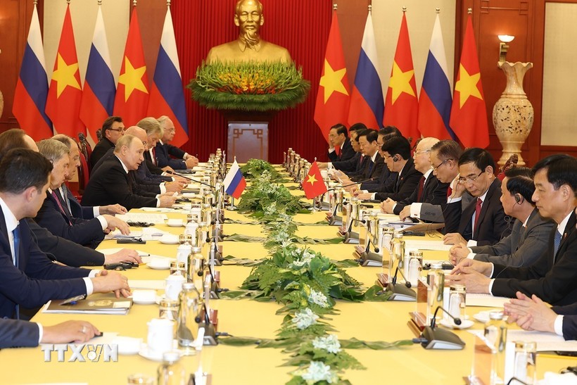 Tổng Bí thư Nguyễn Phú Trọng và Tổng thống Liên bang Nga Vladimir Putin hội đàm. Ảnh: TTXVN